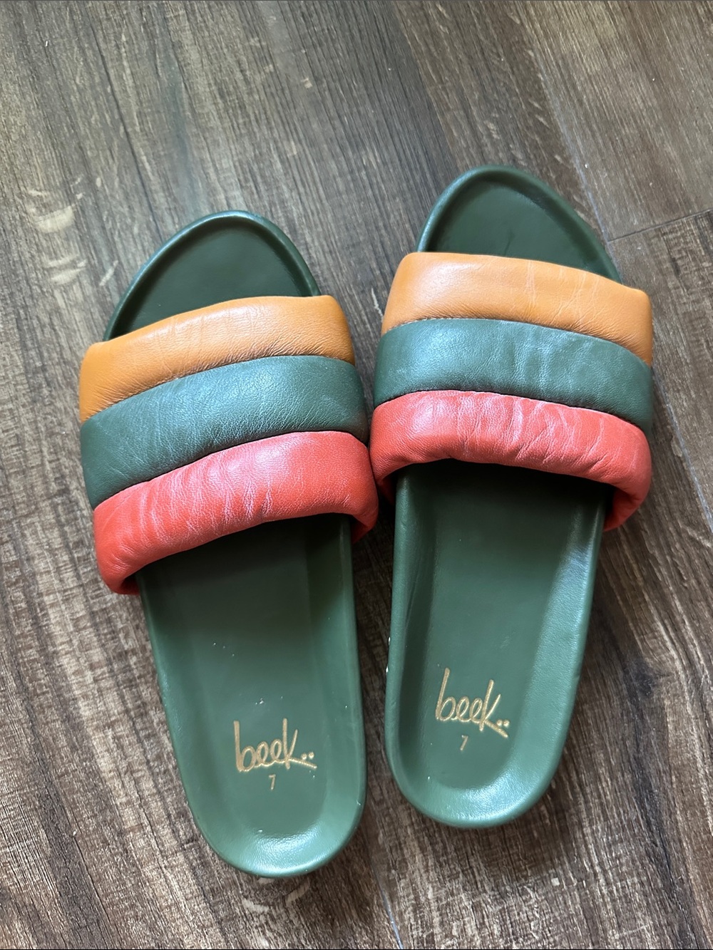 beek Green Slide Sandals with Orange and Coral Straps